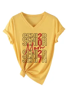 Damen Gelb V-Ausschnitt Kurzarm T-Shirt Lässige Senior 2027 Mom Glitzer Grafik Top