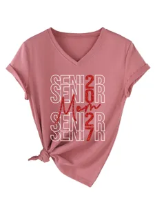 Modisches rosa V-Ausschnitt Kurzarm T-Shirt für Damen mit Senior 2027 Mom Grafikdruck.