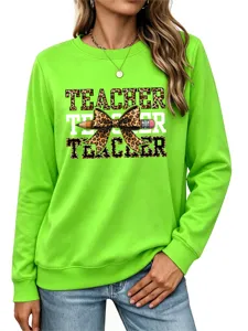 Mujer Profesora Leopardo Lazo Lápiz Estampado Verde Sudadera Manga Larga Jersey