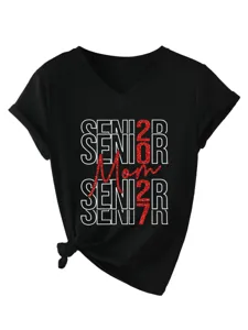 Schwarzes Damen V-Ausschnitt Kurzarm T-Shirt mit stilvollem Grafikdruck und Knotendetail.