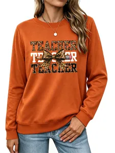 Sudadera naranja de manga larga para mujer con gráfico de lazo de leopardo profesor