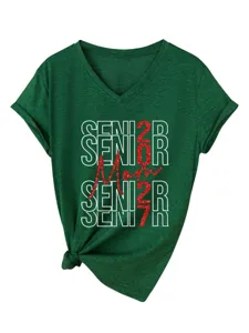 Gruenes V-Ausschnitt Kurzarm T-Shirt mit Senior Mom 2027 Glitzer Druck Damen Alltag.