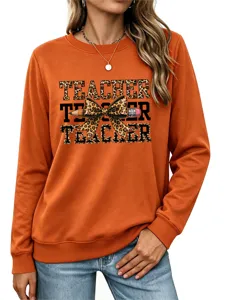 Sudadera naranja de manga larga para mujer con gráfico de lazo de leopardo de profesor top