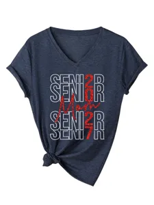 Damen V-Ausschnitt Senior Mom 2027 Kurzarm T-Shirt Freizeit Shirt mit Glitzerdruck