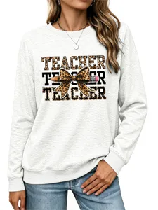 Mujer casual profesor leopardo lazo manga larga sudadera con gráfico top gris moda