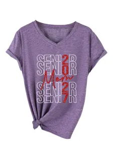 Damen lila V-Ausschnitt Kurzarm T-Shirt mit Senior 2027 Mom Glitzer Grafik Knoten Saum
