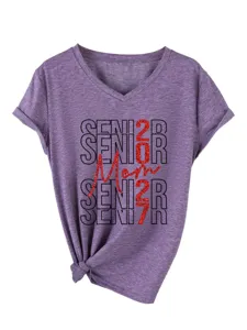Damen V-Ausschnitt Kurzarm T-Shirt Lila Senior 2027 Mom Glitzer Grafik Freizeit Top
