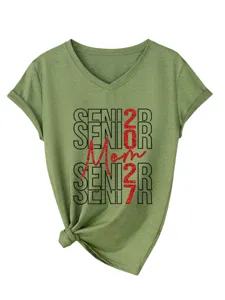 Damen V-Ausschnitt Kurzarm T-Shirt Senior 2027 Mom roter Glitzer Freizeit Oberteil grün