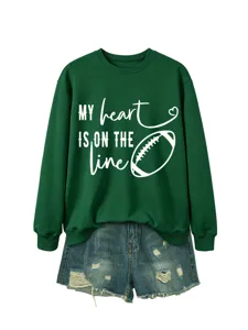 Felpa da donna verde a manica lunga con stampa grafica a cuore di football casual