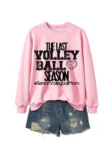 Rosa Pullover mit Rundhalsausschnitt und Volleyball-Saison-Grafikdruck, bequemer Langarm-Sweater.