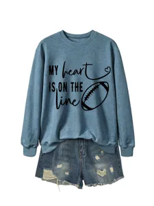 Felpa casual da donna blu a maniche lunghe con grafica da football e stampa di lettere.