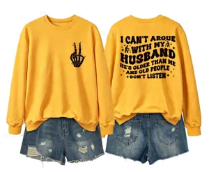 Women yellow crewneck sweatshirt with funny slogan and skeleton hand print matching denim shorts