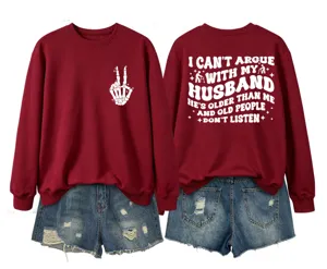 Women casual long sleeve maroon sweatshirt paired with denim shorts featuring fun back print.