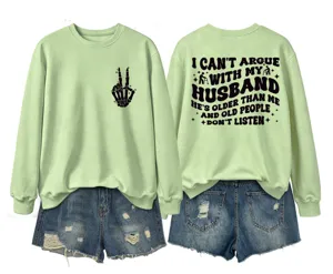 Casual women long sleeve crewneck sweatshirt with funny slogan print and matching denim shorts.