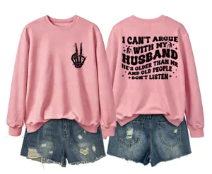Women casual funny letter print long sleeve crewneck sweatshirt matching denim shorts outfit set.