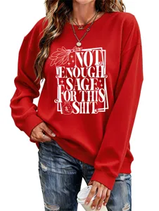 Red long sleeve sweatshirt for women with humorous text print, casual streetwear top.
