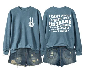 Casual blue women crewneck sweatshirt featuring skeleton hand print and funny back design.