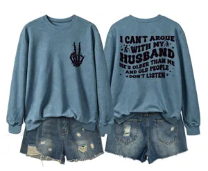Casual women's long sleeve sweatshirt and denim shorts set with funny back print.