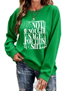 Green long sleeve sweatshirt for women, casual crewneck pullover with funny letter graphic print.