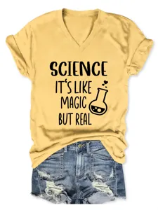 Wetenschap Zoals Magie V-Hals Korte Mouw T-Shirt Casual Gele Top Voor Dames Stijlvol