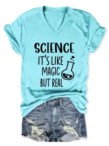 Dames V-hals korte mouw T-shirt met grappige wetenschap magie grafische print design.