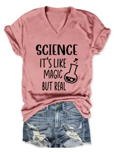 Roze V-hals korte mouw t-shirt met wetenschap slogan print, casual dames topje.