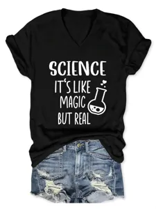 Zwart T-shirt met V-hals en korte mouwen met wetenschappelijke grafische print voor dames