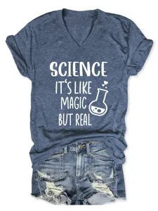 Vrouwen korte mouw V-hals wetenschap grafisch t-shirt detail print en stof.