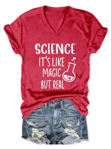 Rood V-hals korte mouw t-shirt met wetenschap magie grappige quote grafisch ontwerp top.
