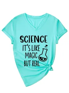 Turquoise dames T-shirt met V-hals en grappige wetenschap grafische print casual top.
