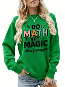 Grüner Damen Langarm Pullover mit mathematischem Grafikdruck, lässiges Herbst Winter Oberteil.