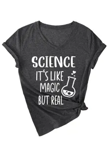 Dames V-hals korte mouw t-shirt met leuke wetenschappelijke slogan detail, casual top.