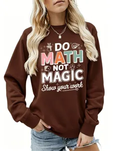 Damen lässiger brauner Pullover mit Mathe Magie Grafikdruck Langarm Oberteil für Herbst.