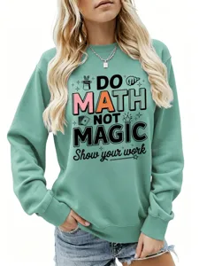 Damen grüner Rundhals Pullover lässiges Langarm Oberteil mit Mathe Magie Grafik Druck.