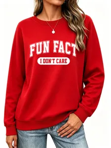 Sweat-shirt rouge pour femme à col rond avec impression de lettres style décontracté.