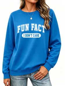 Sweat-shirt bleu à col ras du cou avec imprimé tendance, pull décontracté à manches longues.