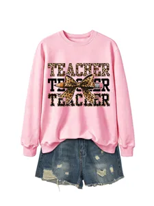 Sudadera gráfica de profesora para mujer, top rosa de manga larga con lazo de leopardo tierno.