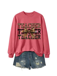 Sudadera casual de manga larga para mujer con estampado de leopardo de profesor y diseño de lápiz.