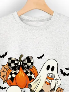 Damen Halloween Geist Kürbis Schleife Print Langarm Rundhals Sweatshirt Freizeit Pullover