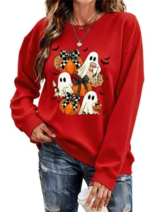 Damen süßer Halloween Geist Kürbis Grafikdruck Langarm lässiger Pullover Sweatshirt Top.