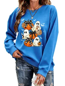 Damen süßer Halloween Geist Kürbis Grafik Pullover lässig Langarm Rundhals Sweatshirt