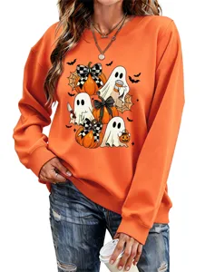 Modische Damen Halloween Geist Kürbis Print Langarm Freizeit Sweatshirt Pullover Top