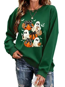 Damen Halloween Geist Kürbis Druck Langarm Sweatshirt lässiger grüner Pullover Top