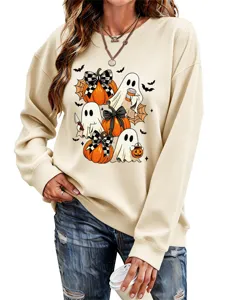 Bezaubernder Damen Pullover mit Halloween Geist und Kürbis Print, bequemer lässiger Sweatshirt.