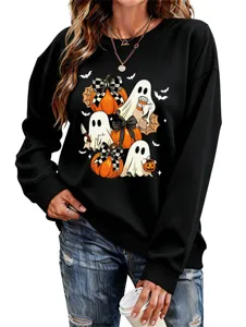 Detailansicht des Damen Halloween Geist Kürbis Druck schwarzen Langarm Sweatshirts.