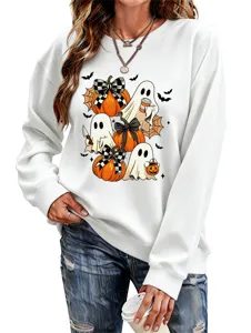 Damen süßer Halloween Geist Kürbis Druck langarm Rundhals Sweatshirt Freizeit Pullover Top