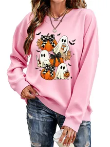 Damen Halloween Geist Kürbis Pullover Süß Grafik Langarm Sweatshirt Rosa Oberteil