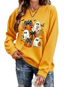 Damen süßer Halloween Geist Kürbis Print Langarm gelber Sweatshirt lässiges Oberteil