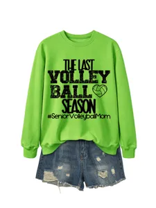 Gruener Rundhals Pullover und Jeansshorts Set mit Volleyball Motiv fuer Damen