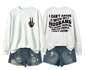 Casual women's long sleeve grey sweatshirt with front skeleton hand and funny back print.